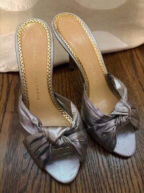 Charlotte Olympia Metallic Silver Knotted Satin Mule Heels